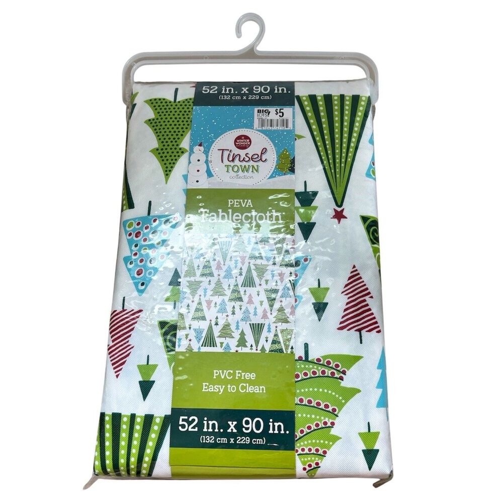 Winter Wonder Lane Holiday Trees Tablecloth PEVA Plastic Cover 52x90 Tinsel Town